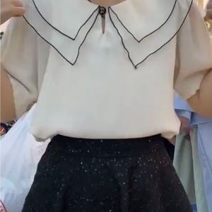 {Korean fashion chic} Chiffon short sleeve cream blouse with tulle sweet